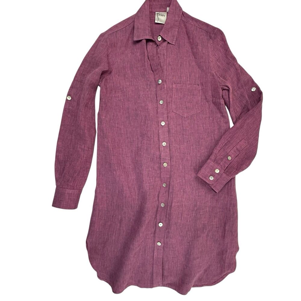 Finley Linen Button Up Shift Shirt Dress Women XS Pink Long Sleeve Preppy USA